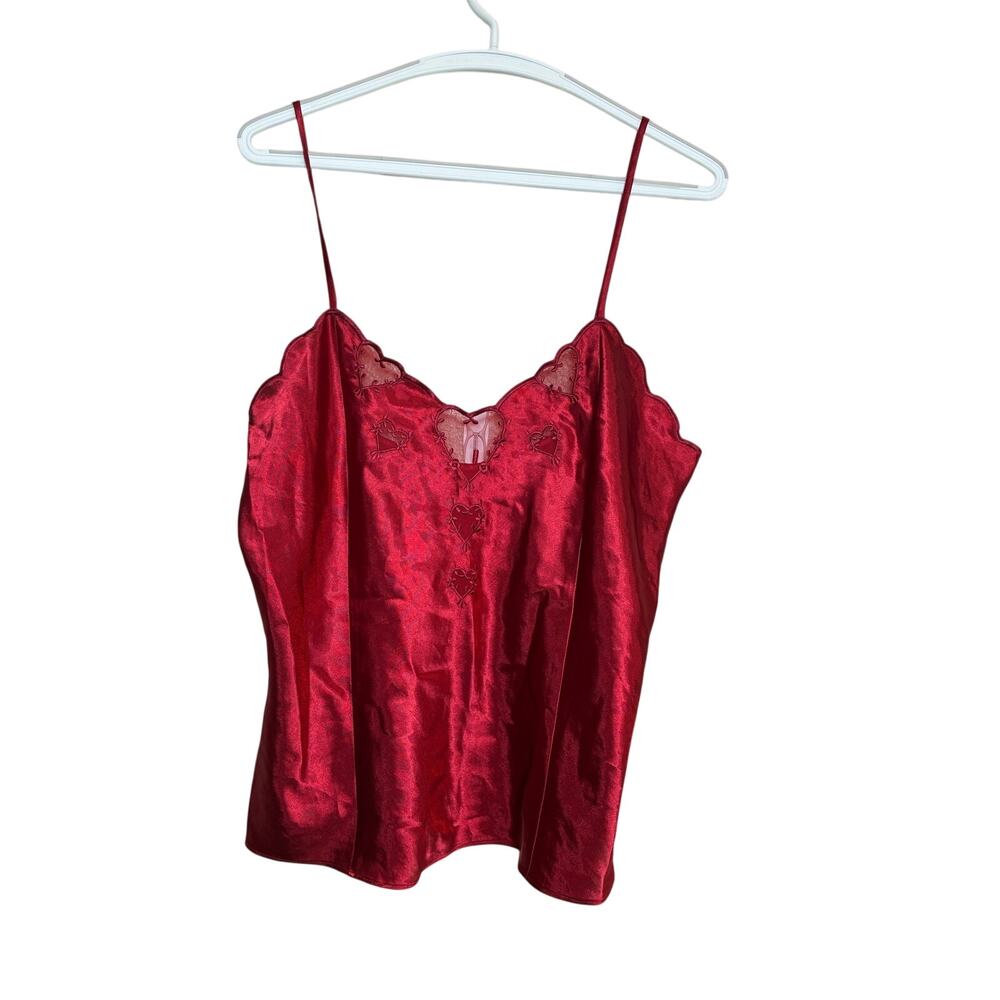 Valerie Stevens Vintage Red Satin Camisole Tank Top Large Romantic Embroidery